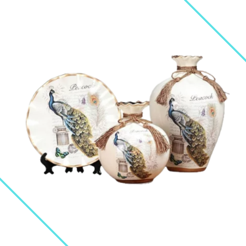 FITYLE SET OF 3 CHINESE CLASSICAL DECORATIVE CERAMIC VASES PEACOCK DECOR